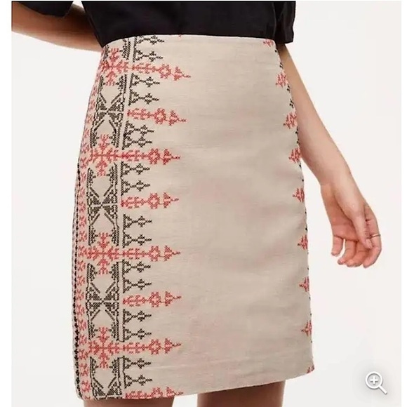 Ann Taylor Loft Tan Embroidered Aztec Boho Linen Skirt women’s size 4 - Picture 3 of 9